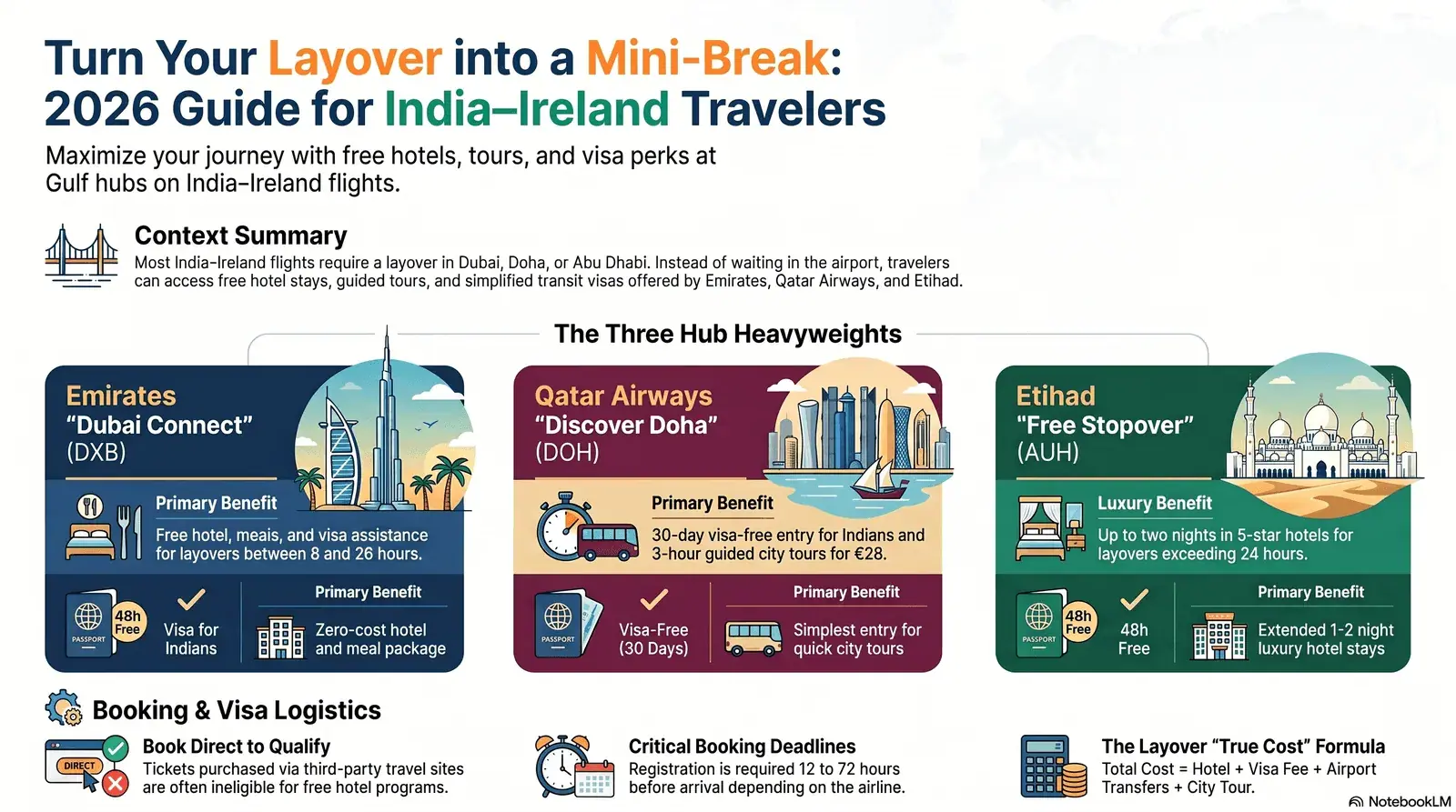 Aerial view of Dubai, Doha and Abu Dhabi skylines side by side — Middle East layover guide for India–Ireland travelers 2026