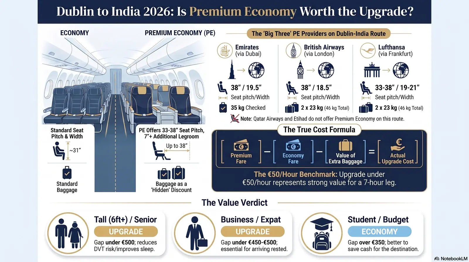 Premium economy seat cabin on a long-haul flight from Dublin to India showing wider seats, more legroom, and dedicated cabin