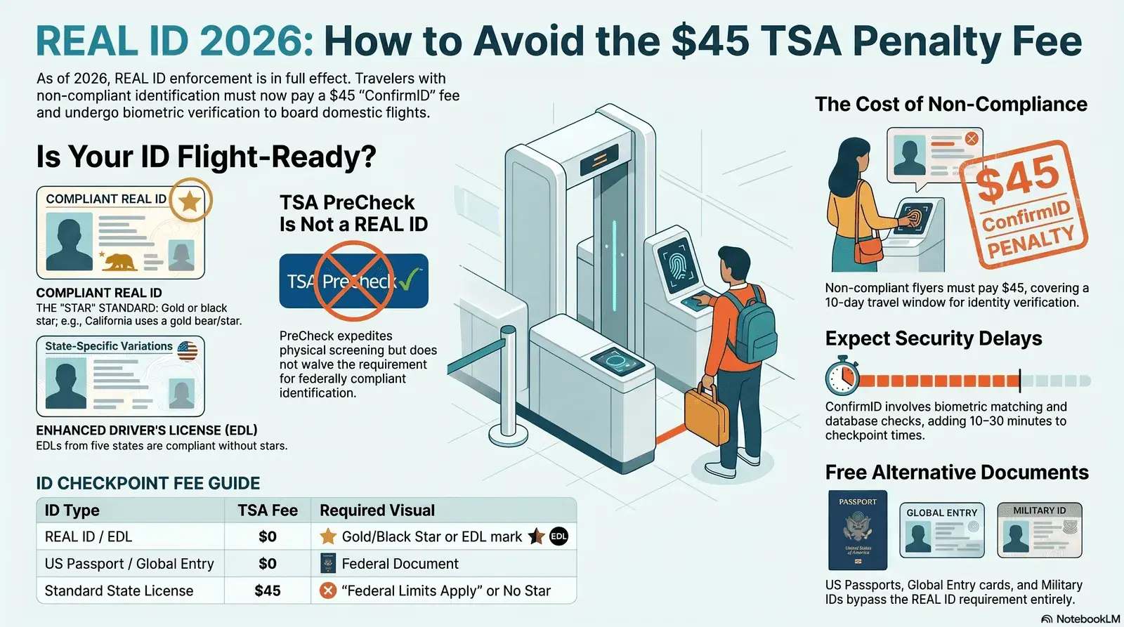 REAL ID star marking on a US driver's licence alongside a TSA checkpoint sign explaining the $45 ConfirmID fee