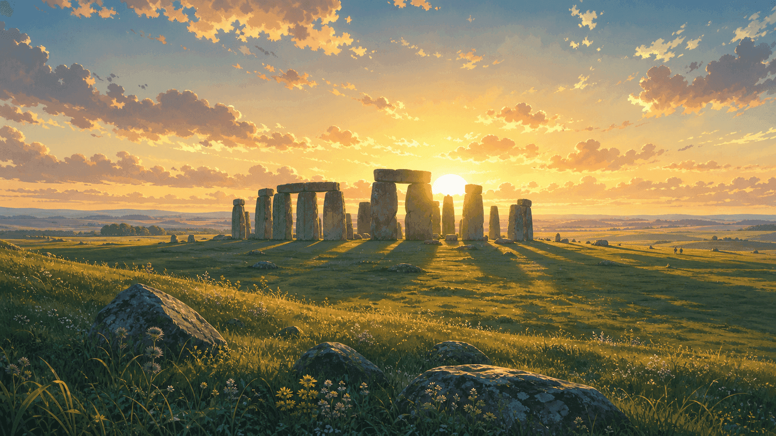 Stonehenge at sunrise with golden light across the ancient stones and wide Salisbury Plain